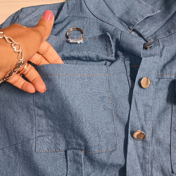 Casual Pocket Stretch Denim Plus Size Short Sleeve Crop Top Shorts Two-Piece - Picture 5 of 15